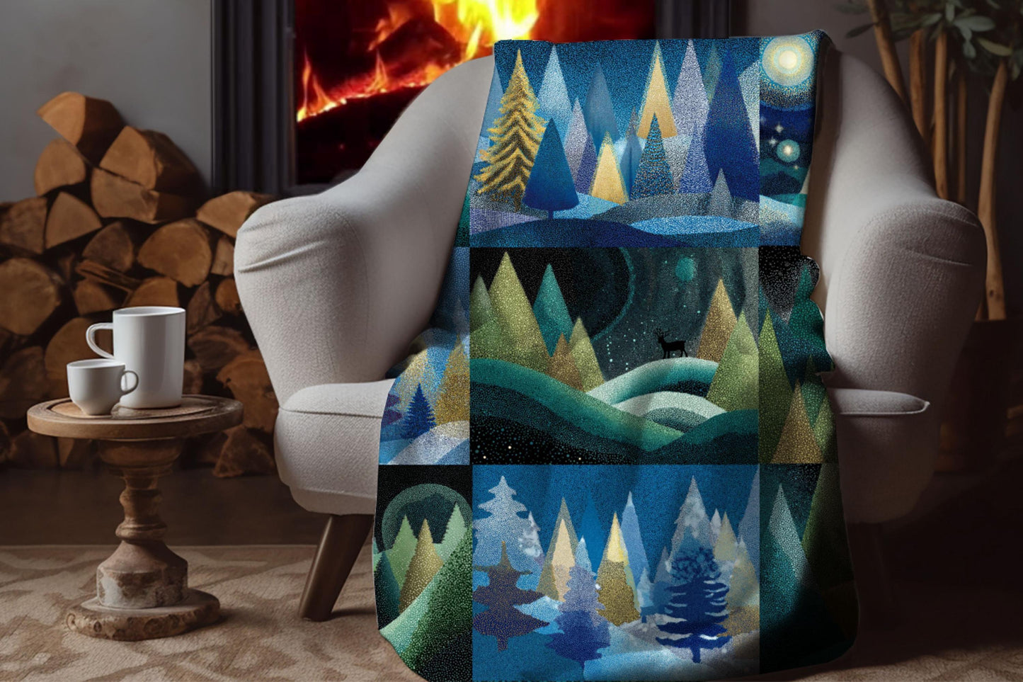 Winter Forest Patchwork Sherpa Throw Blanket Woodland Night Design