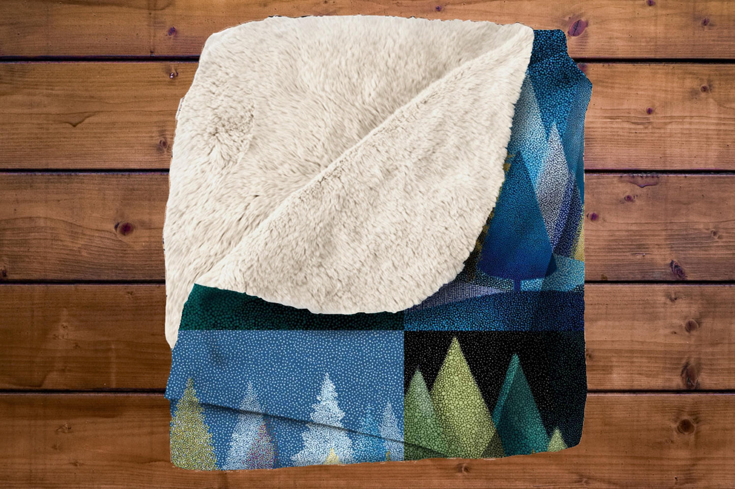 Winter Forest Patchwork Sherpa Throw Blanket Woodland Night Design