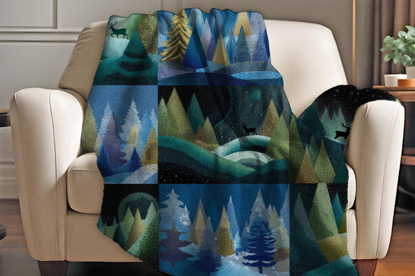Winter Forest Patchwork Sherpa Throw Blanket Woodland Night Design