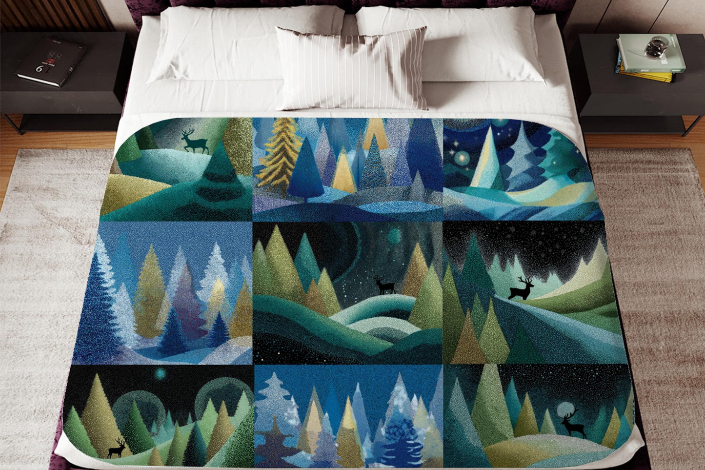 Winter Forest Patchwork Sherpa Throw Blanket Woodland Night Design