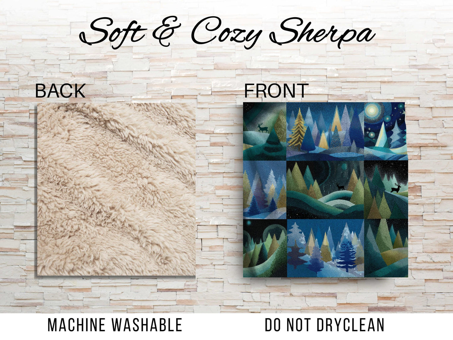 Winter Forest Patchwork Sherpa Throw Blanket Woodland Night Design