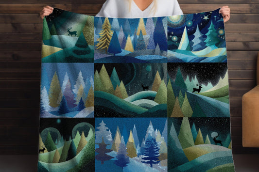 Winter Forest Patchwork Sherpa Throw Blanket Woodland Night Design