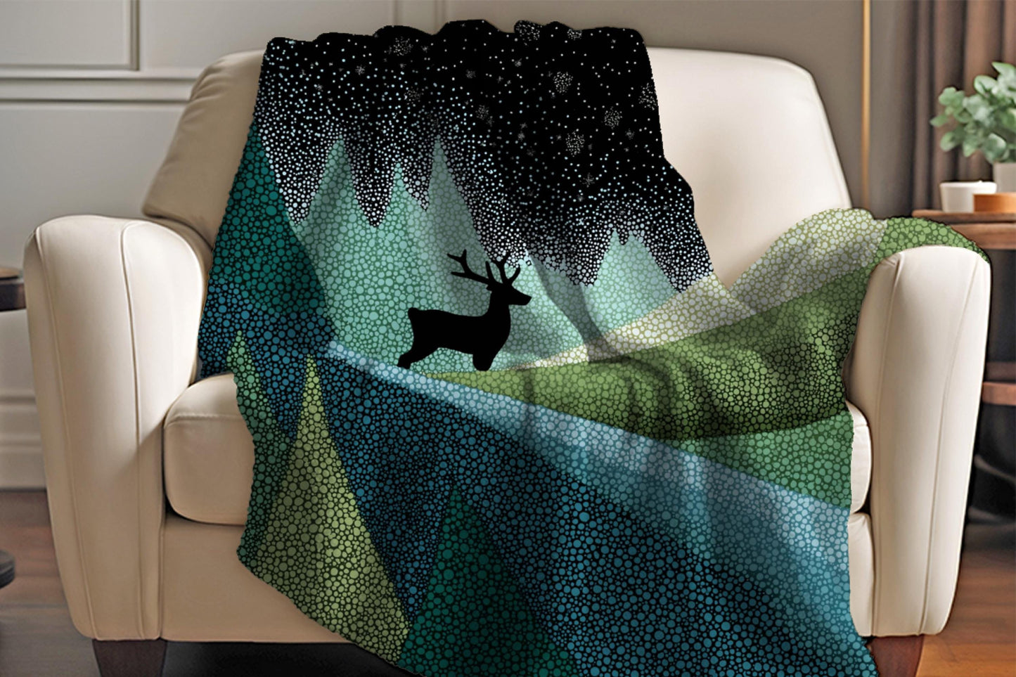 Starry Night Forest Sherpa Throw Blanket Woodland Deer Design