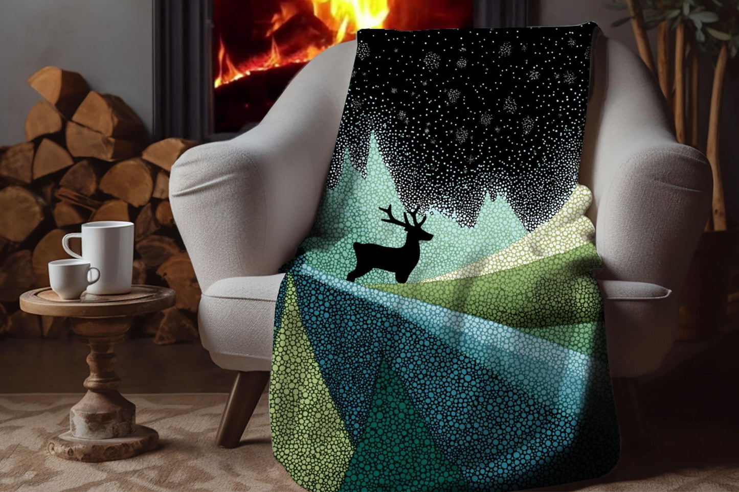 Starry Night Forest Sherpa Throw Blanket Woodland Deer Design