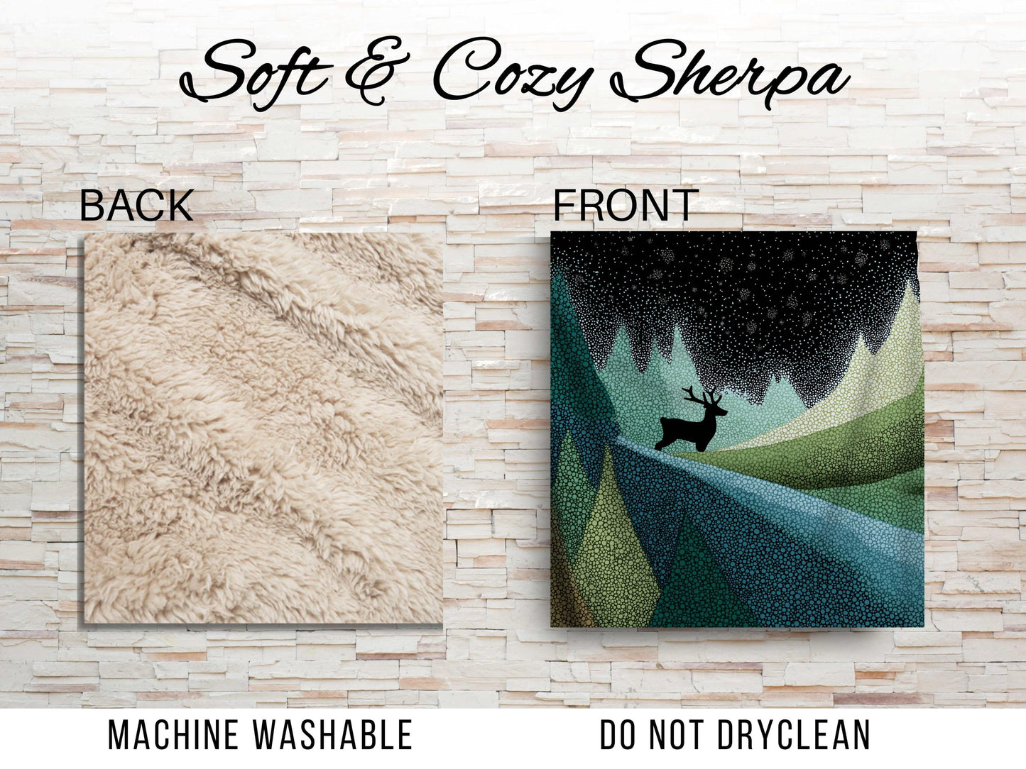 Starry Night Forest Sherpa Throw Blanket Woodland Deer Design