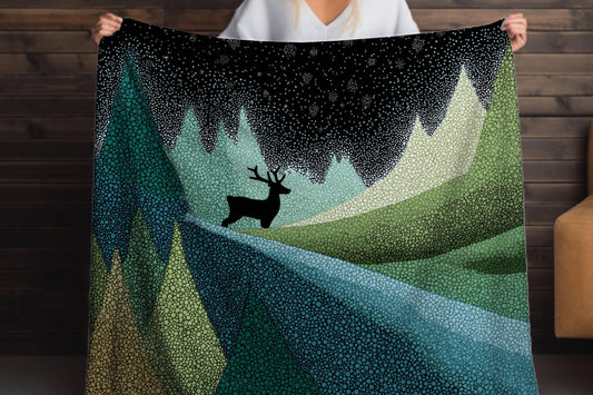 Starry Night Forest Sherpa Throw Blanket Woodland Deer Design