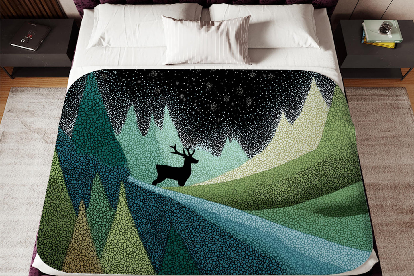 Starry Night Forest Sherpa Throw Blanket Woodland Deer Design