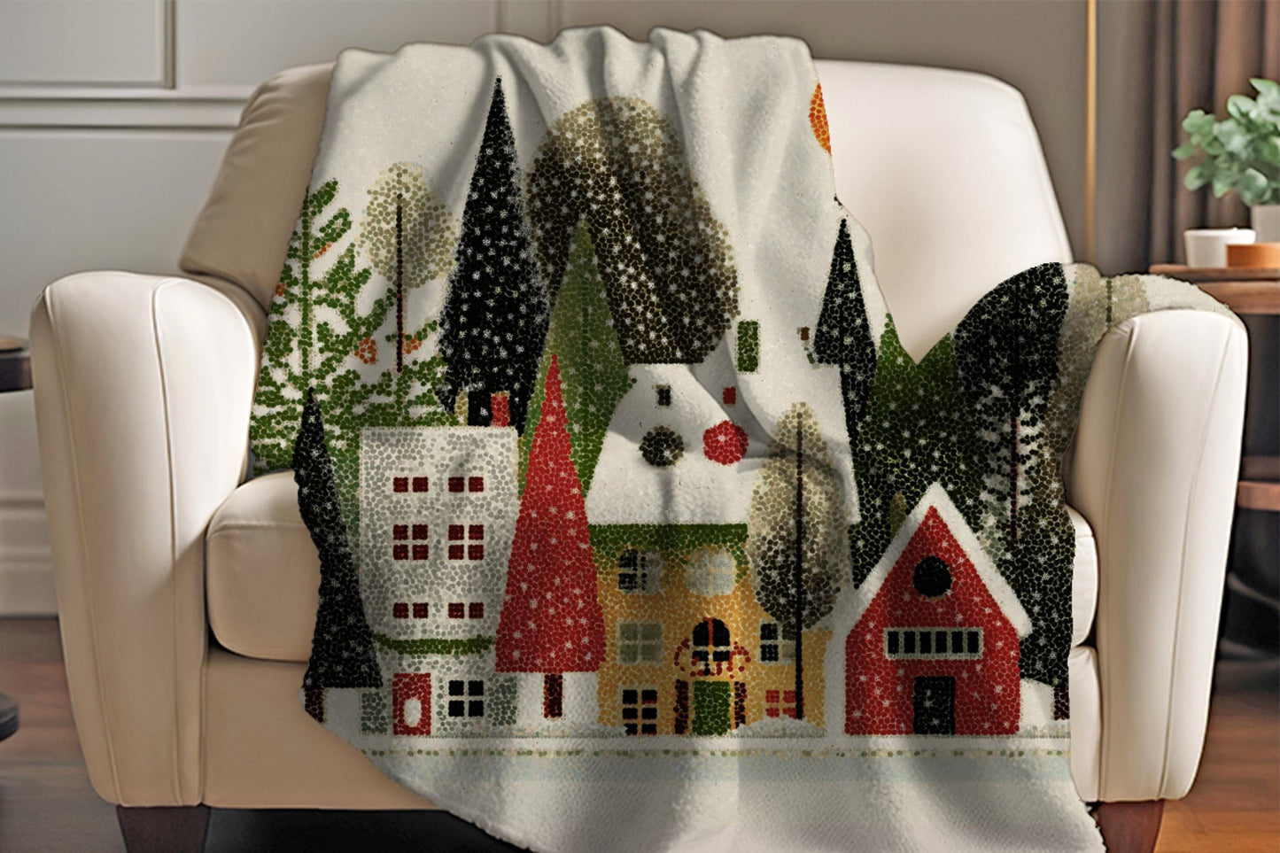 Cozy Winter Village Sherpa Throw Blanket Scandinavian Holiday Design