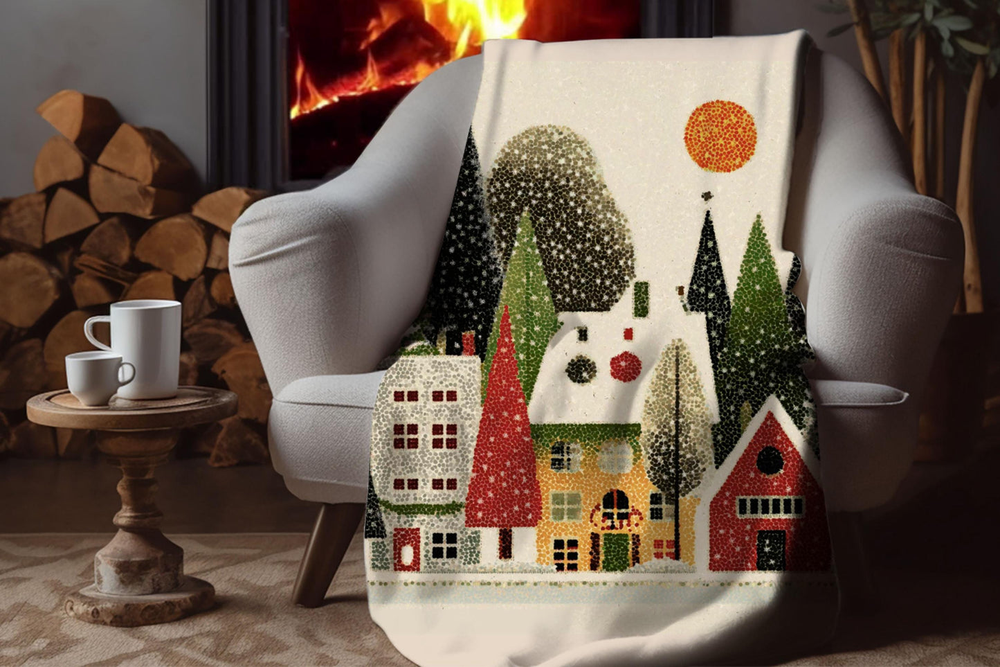 Cozy Winter Village Sherpa Throw Blanket Scandinavian Holiday Design