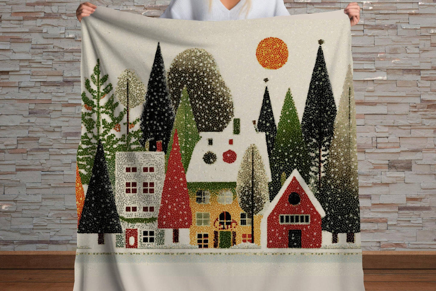 Cozy Winter Village Sherpa Throw Blanket Scandinavian Holiday Design