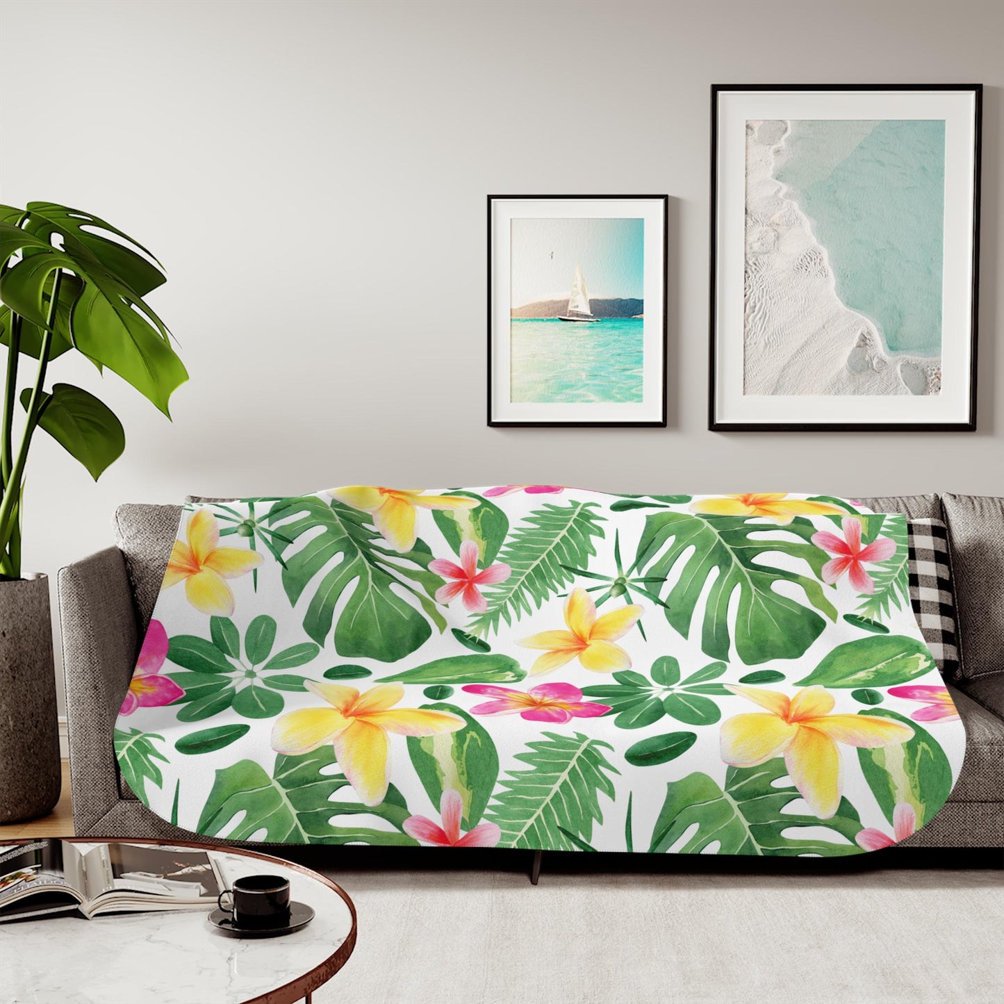 Tropical Floral Leaf Sherpa Throw Blanket Hawaiian Botanical Design