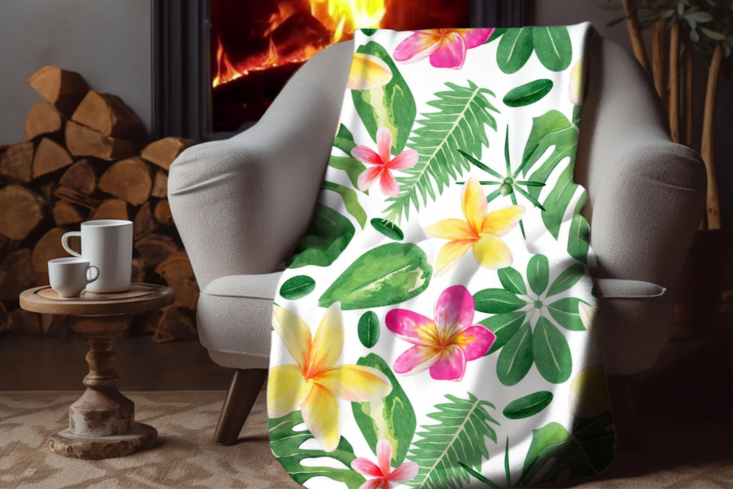 Tropical Floral Leaf Sherpa Throw Blanket Hawaiian Botanical Design