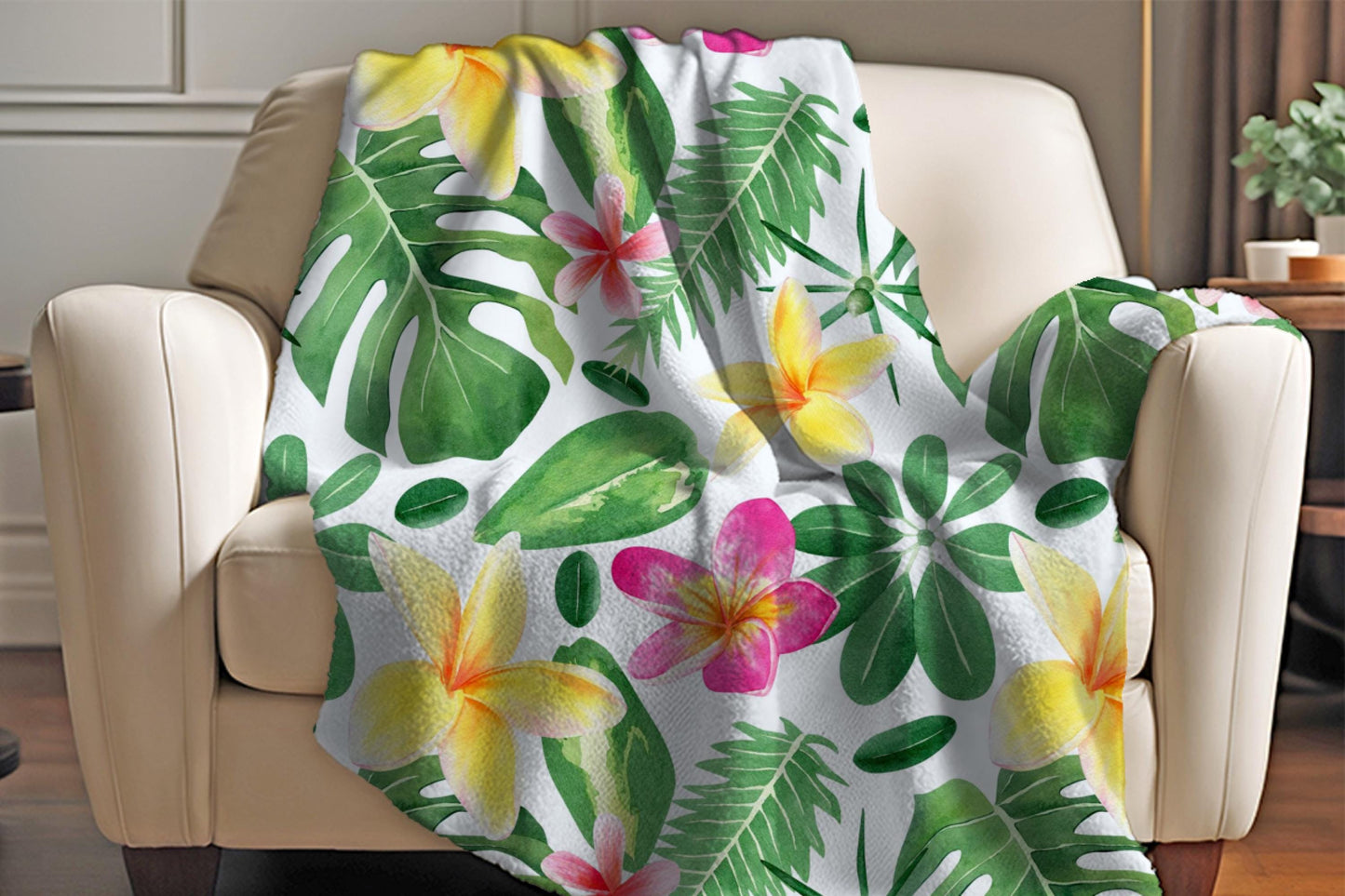 Tropical Floral Leaf Sherpa Throw Blanket Hawaiian Botanical Design