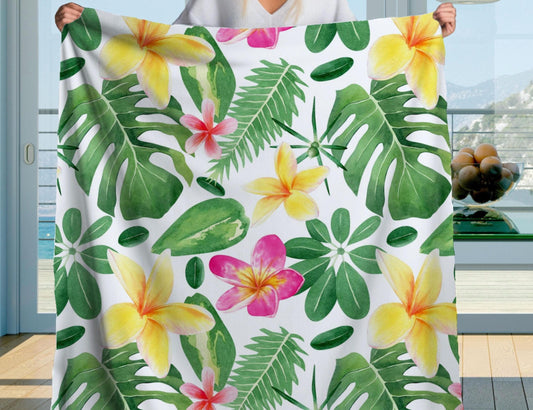 Tropical Floral Leaf Sherpa Throw Blanket Hawaiian Botanical Design