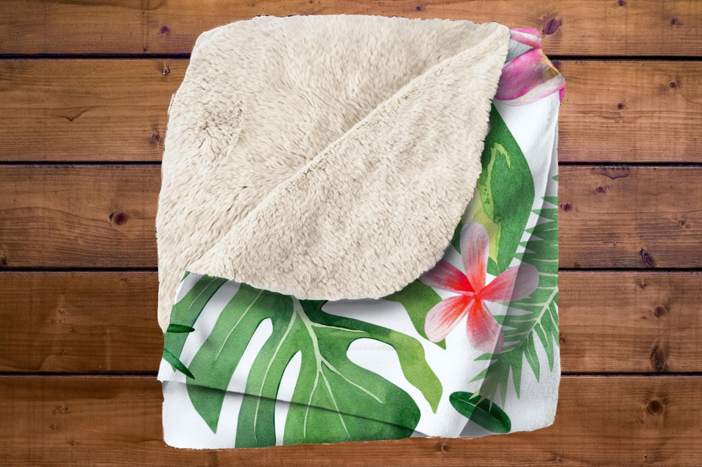 Tropical Floral Leaf Sherpa Throw Blanket Hawaiian Botanical Design