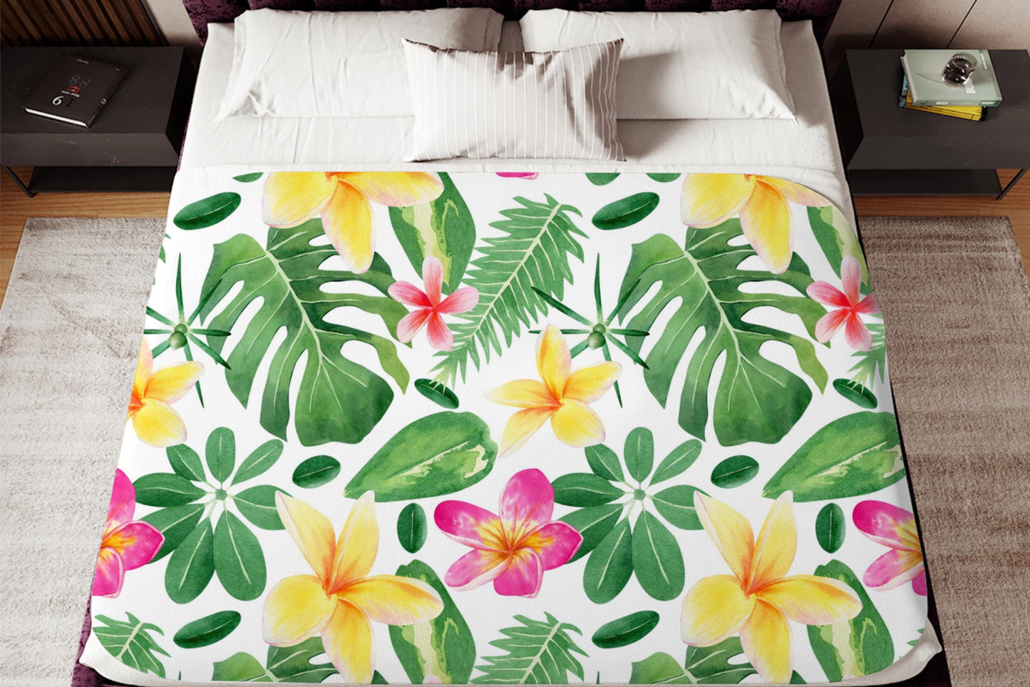 Tropical Floral Leaf Sherpa Throw Blanket Hawaiian Botanical Design