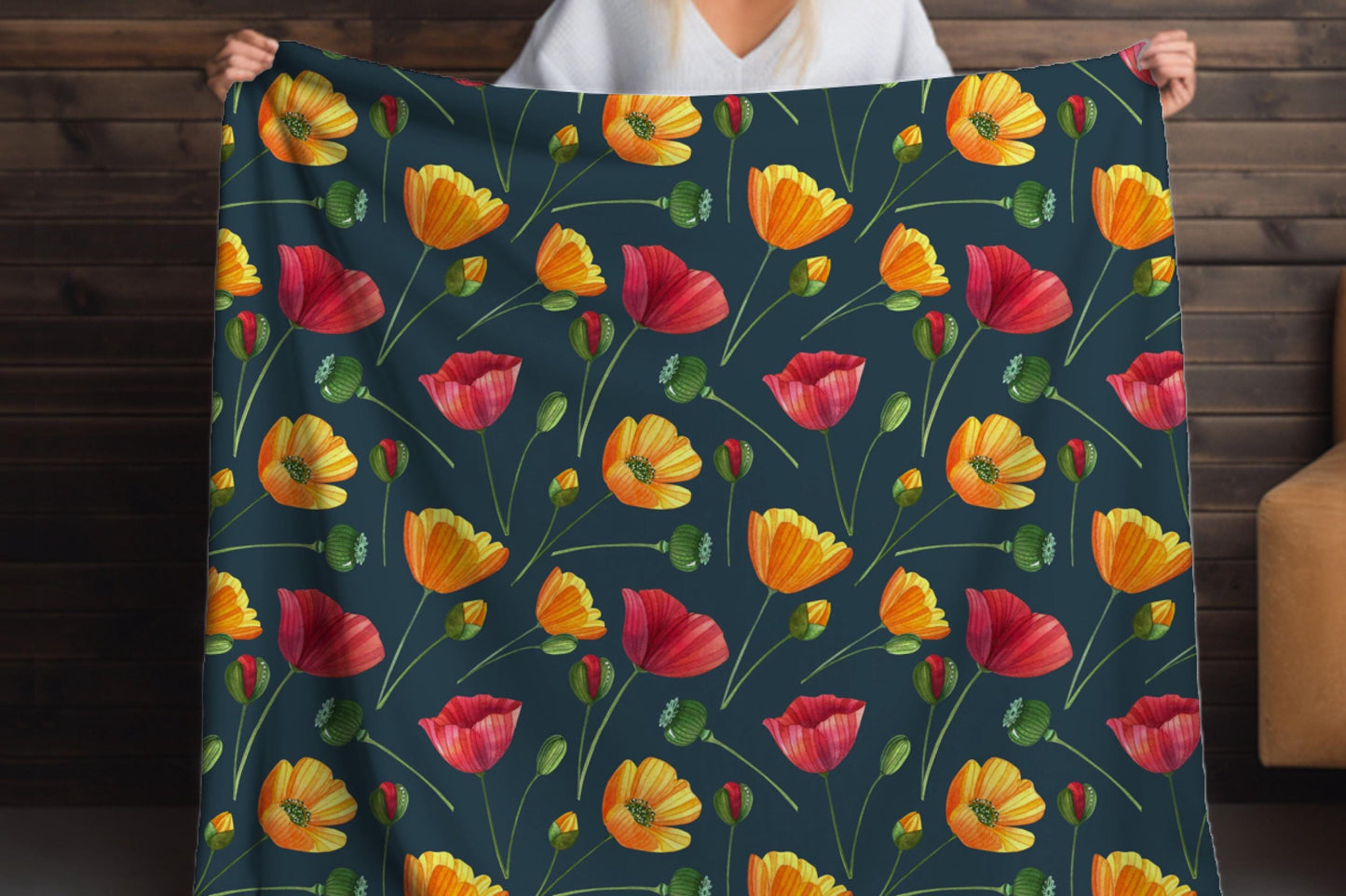 Red Orange Poppy Sherpa Throw Blanket Vibrant Floral Design