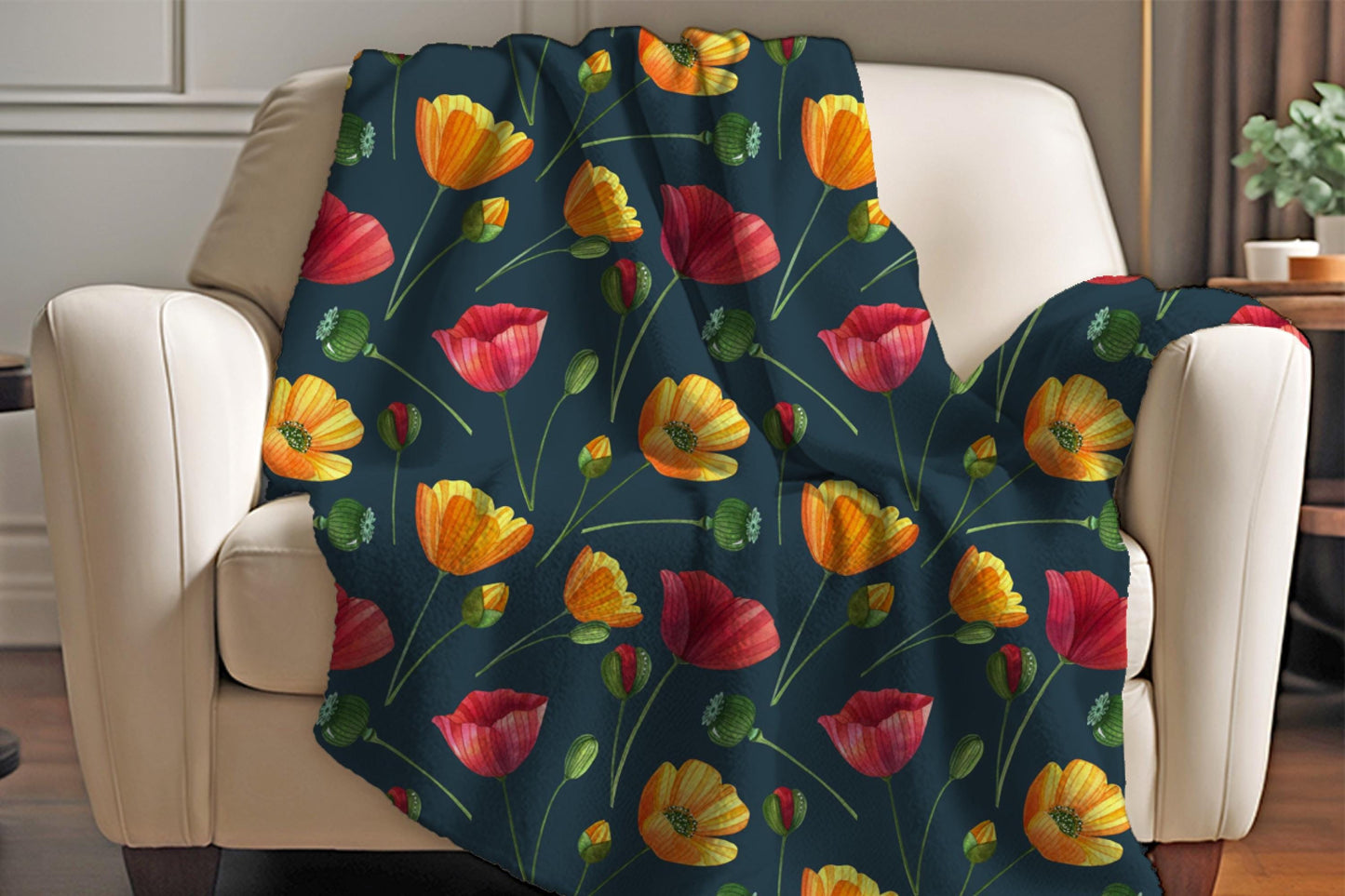 Red Orange Poppy Sherpa Throw Blanket Vibrant Floral Design