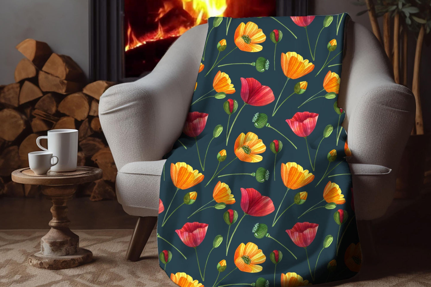 Red Orange Poppy Sherpa Throw Blanket Vibrant Floral Design