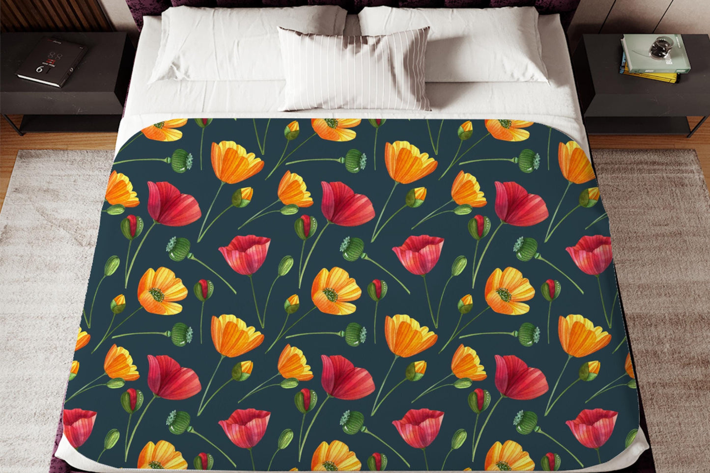 Red Orange Poppy Sherpa Throw Blanket Vibrant Floral Design