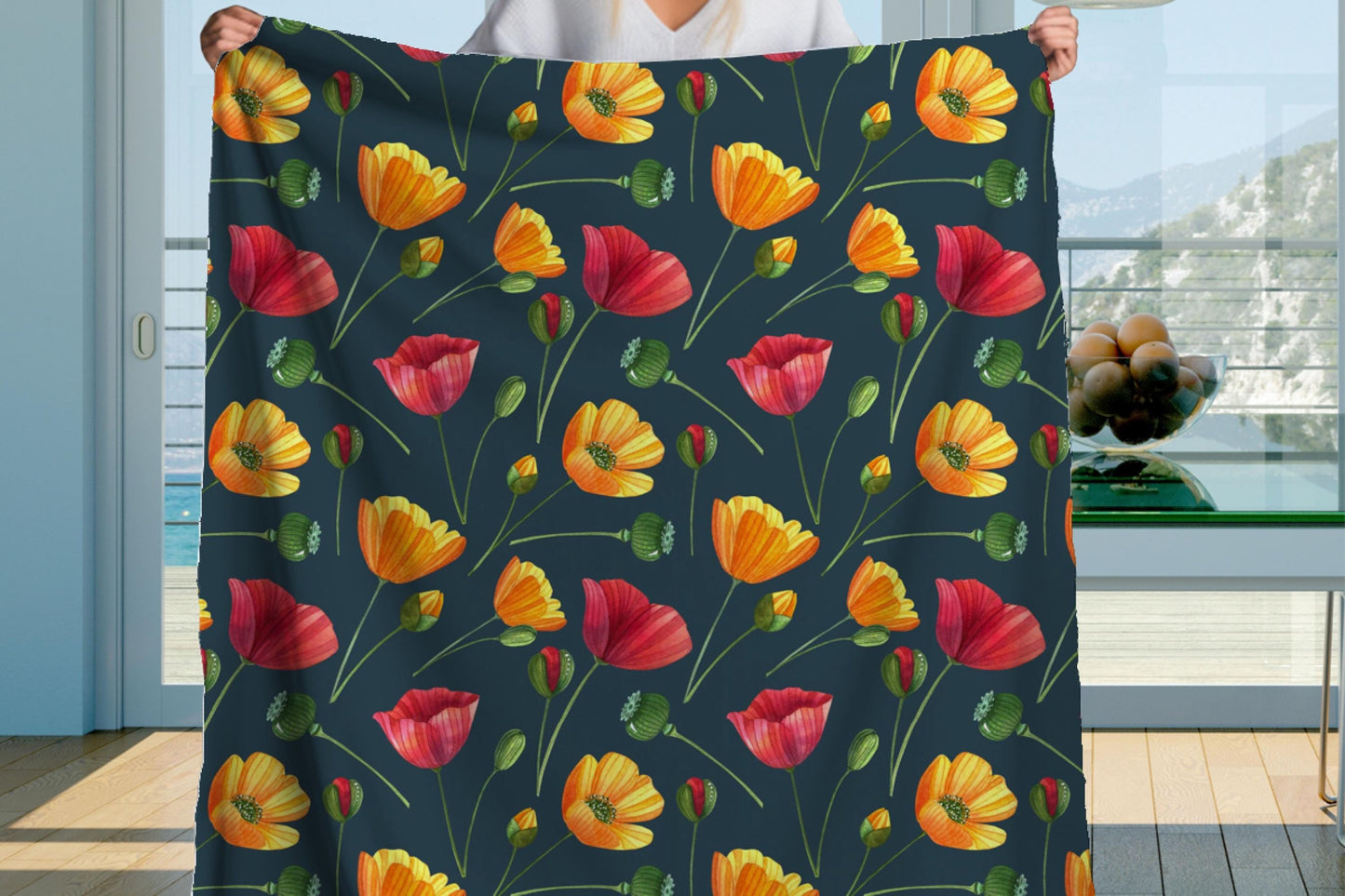 Red Orange Poppy Sherpa Throw Blanket Vibrant Floral Design