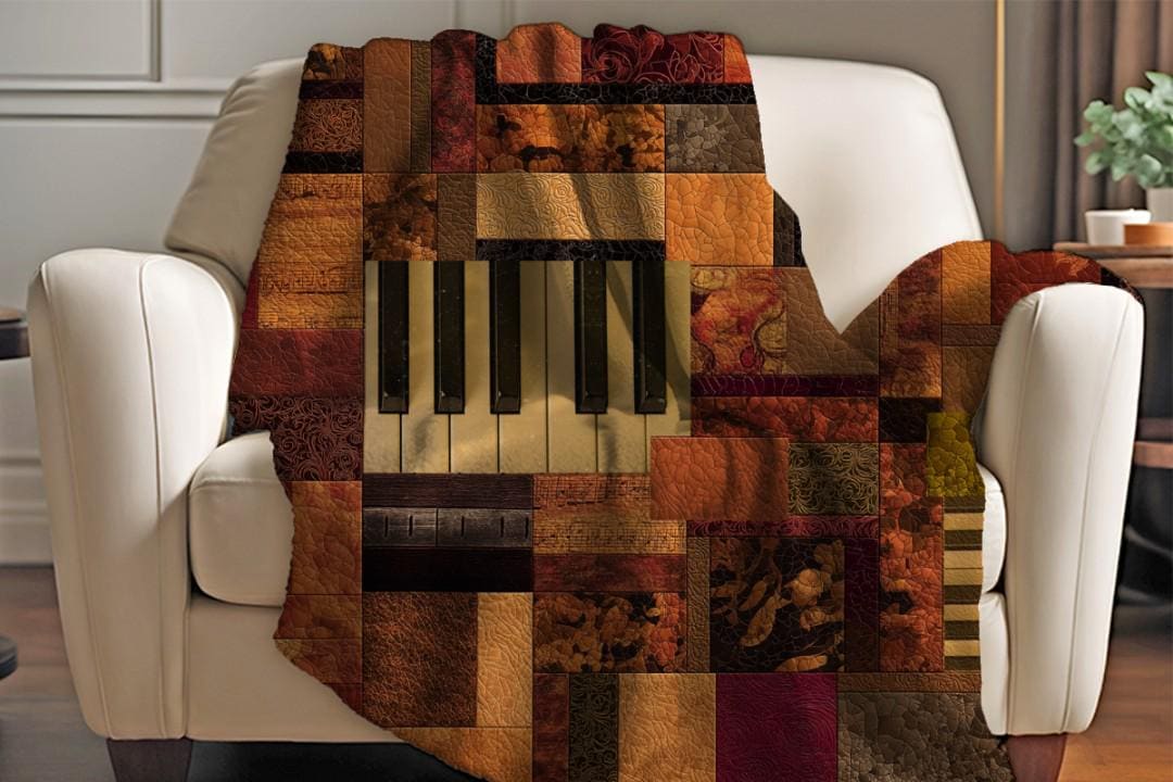 Vintage Piano Quilt Sherpa Throw Blanket Musical Patchwork Design
