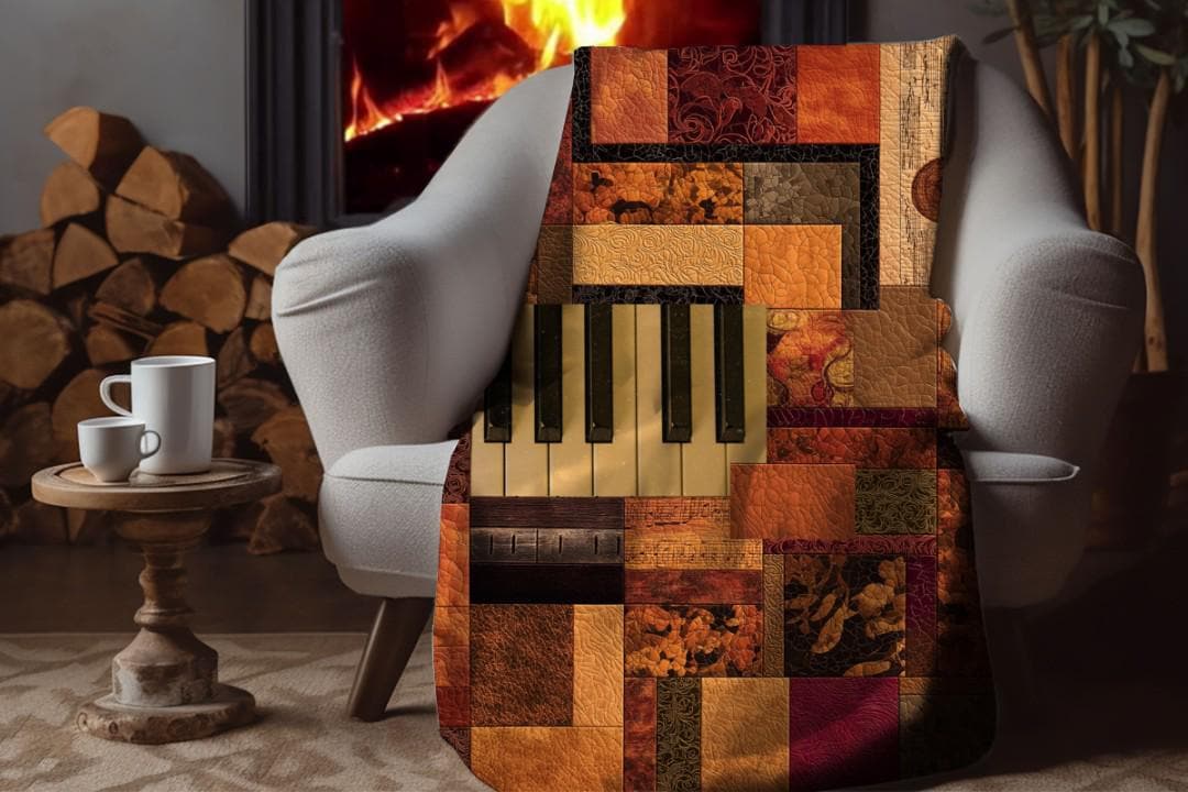 Vintage Piano Quilt Sherpa Throw Blanket Musical Patchwork Design