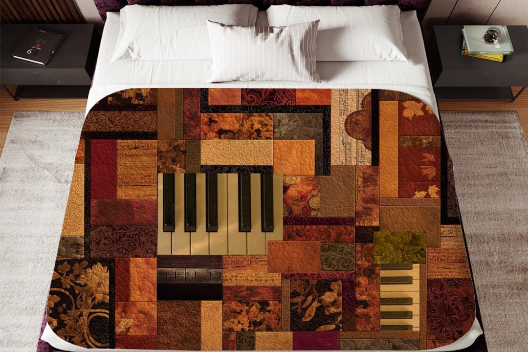 Vintage Piano Quilt Sherpa Throw Blanket Musical Patchwork Design
