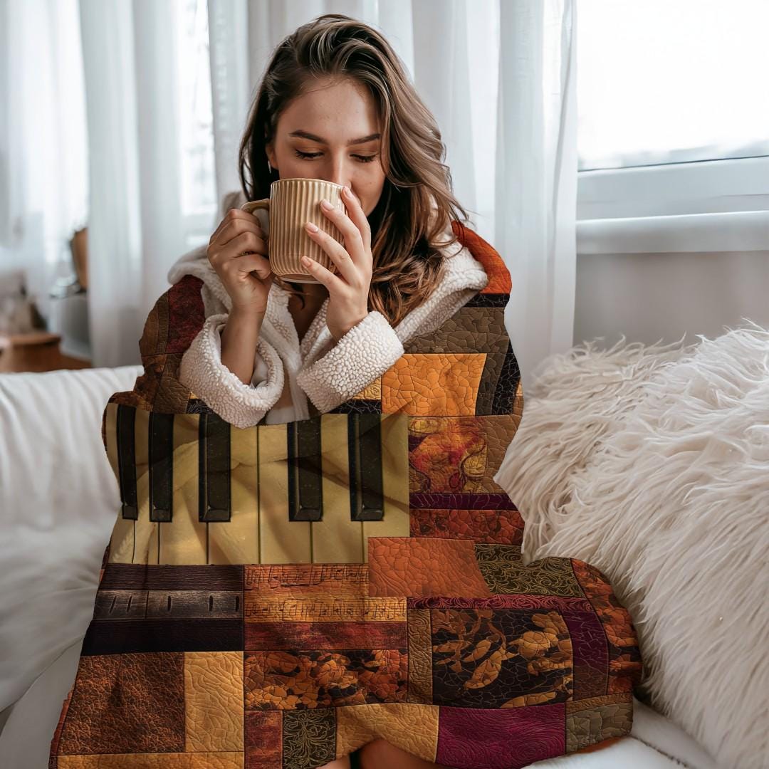 Vintage Piano Quilt Sherpa Throw Blanket Musical Patchwork Design