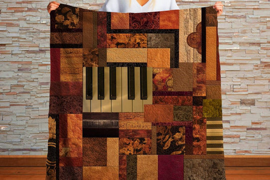 Vintage Piano Quilt Sherpa Throw Blanket Musical Patchwork Design