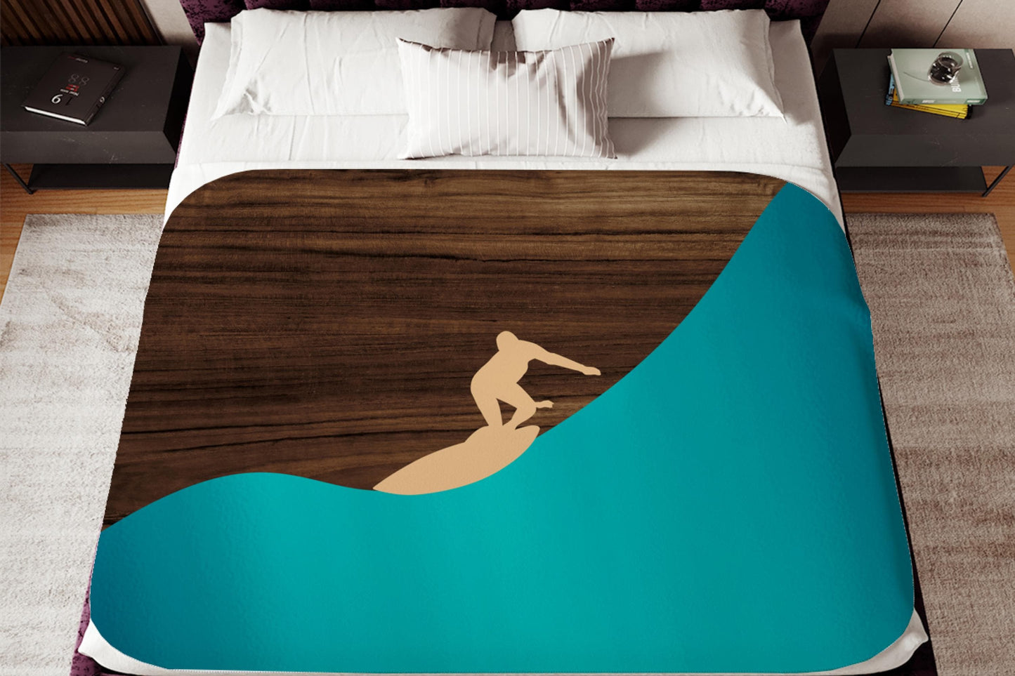 Surfer Wave Silhouette Sherpa Throw Blanket Coastal Surf Design