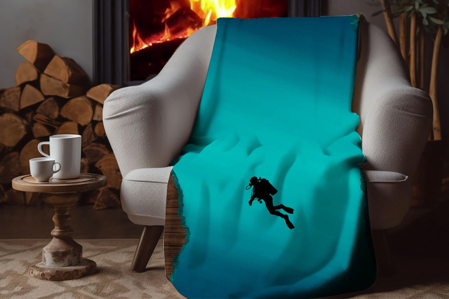 Scuba Diver Ocean Sherpa Throw Blanket Deep Sea Adventure Design