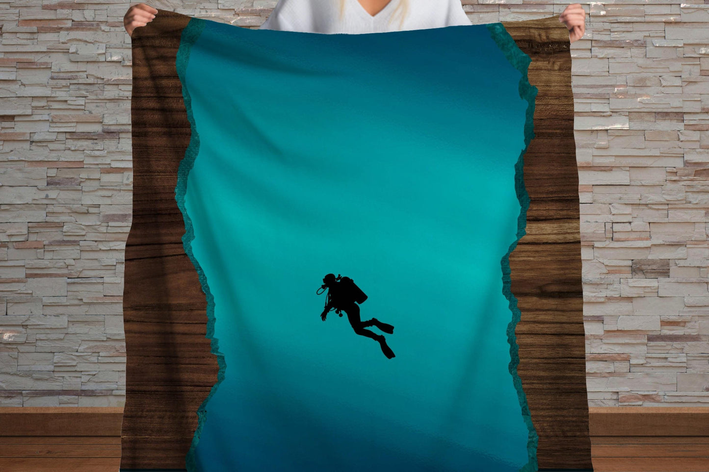 Scuba Diver Ocean Sherpa Throw Blanket Deep Sea Adventure Design