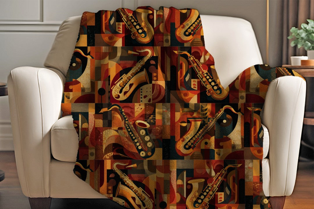 Jazz Saxophone Sherpa Throw Blanket Retro Abstract Music Design