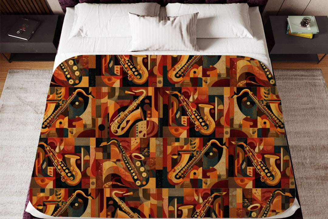 Jazz Saxophone Sherpa Throw Blanket Retro Abstract Music Design