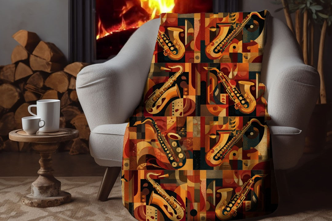 Jazz Saxophone Sherpa Throw Blanket Retro Abstract Music Design
