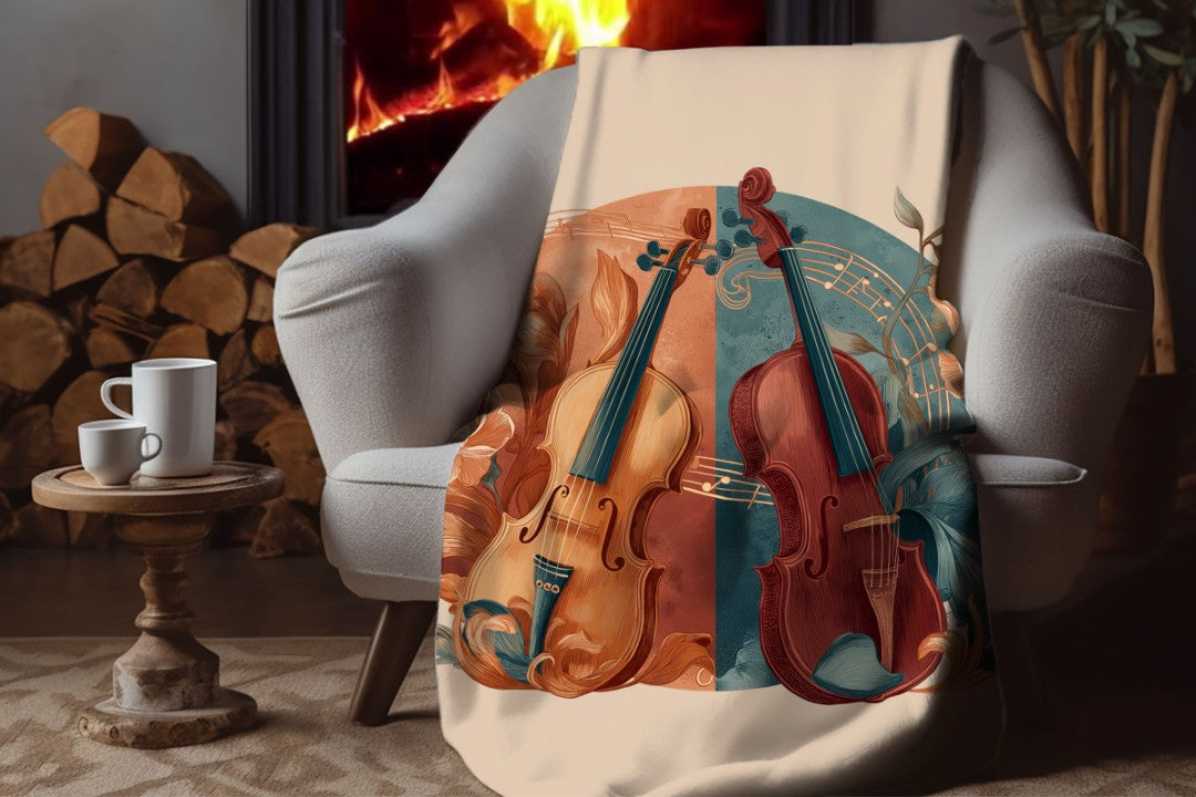 Violin Floral Sherpa Throw Blanket Music Botanical Art Design