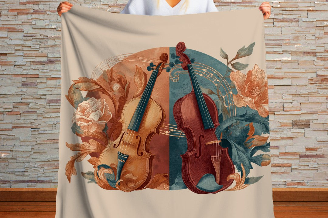 Violin Floral Sherpa Throw Blanket Music Botanical Art Design