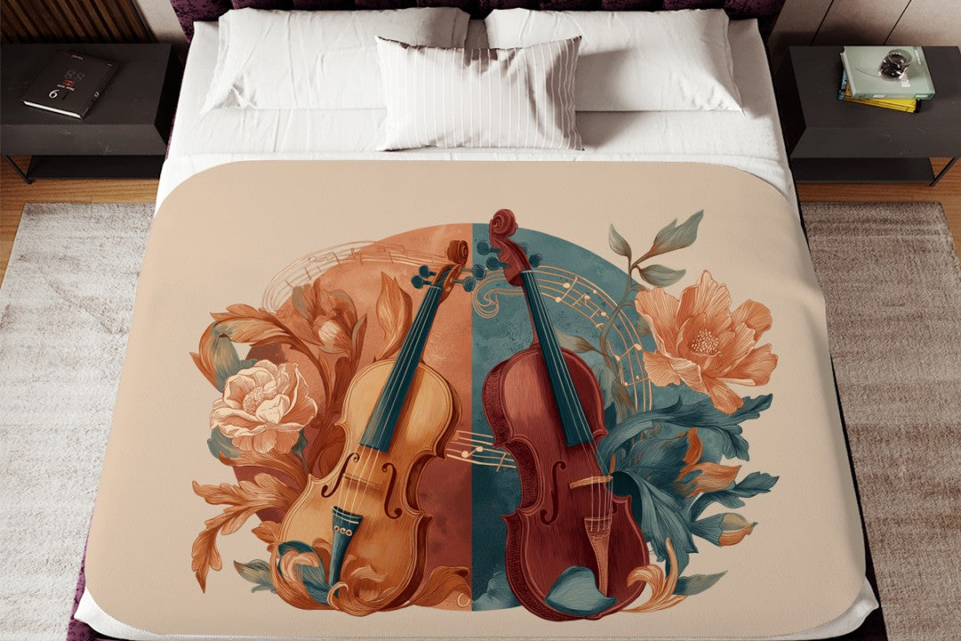 Violin Floral Sherpa Throw Blanket Music Botanical Art Design