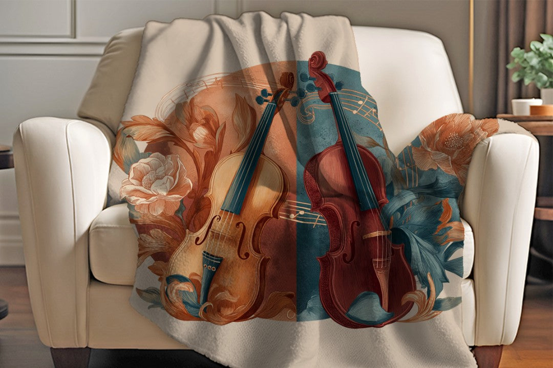 Violin Floral Sherpa Throw Blanket Music Botanical Art Design