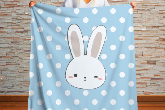 Bunny Sherpa Throw Blanket Blue Polka Dot Cute Nursery Design