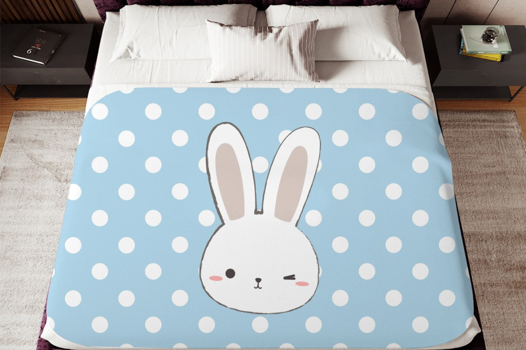Bunny Sherpa Throw Blanket Blue Polka Dot Cute Nursery Design