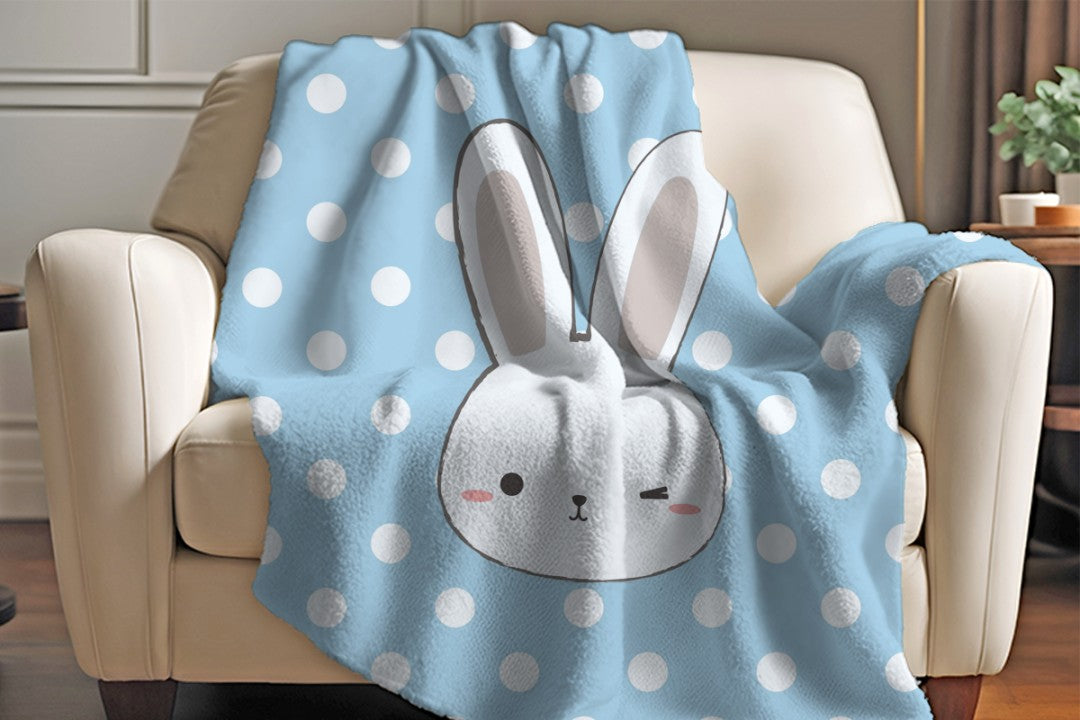 Bunny Sherpa Throw Blanket Blue Polka Dot Cute Nursery Design