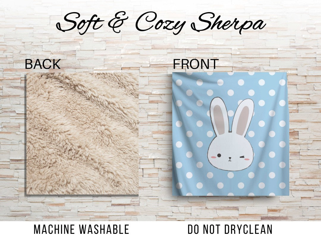 Bunny Sherpa Throw Blanket Blue Polka Dot Cute Nursery Design