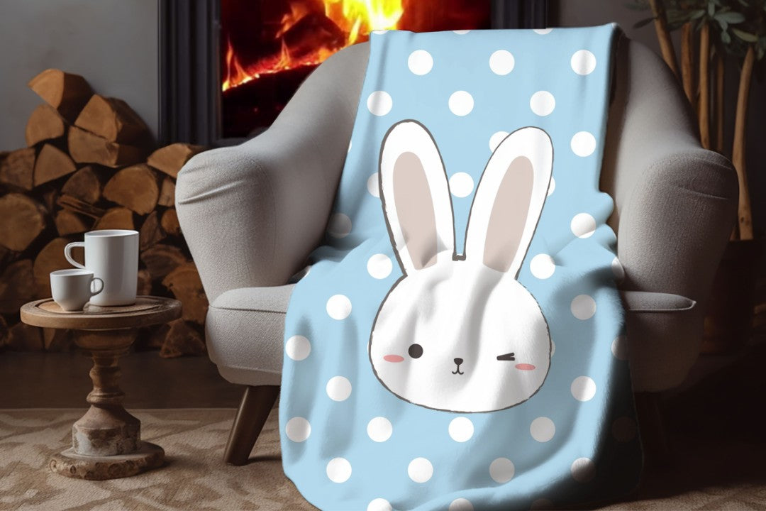 Bunny Sherpa Throw Blanket Blue Polka Dot Cute Nursery Design