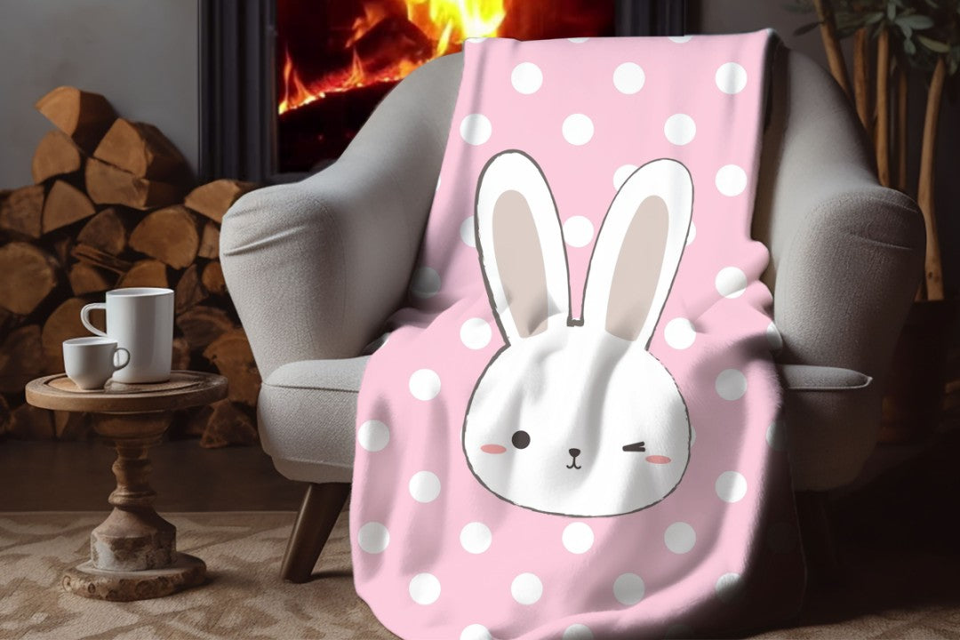 Bunny Sherpa Throw Blanket Pink Polka Dot Cute Nursery Design