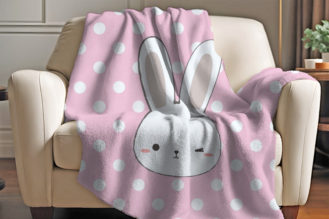 Bunny Sherpa Throw Blanket Pink Polka Dot Cute Nursery Design