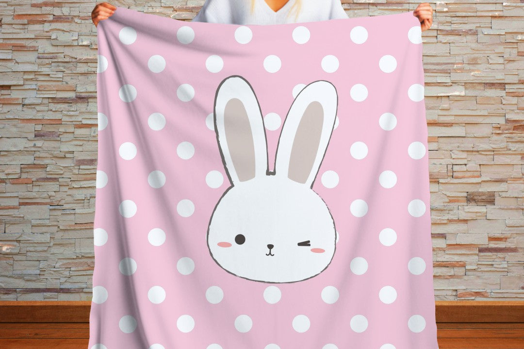 Bunny Sherpa Throw Blanket Pink Polka Dot Cute Nursery Design