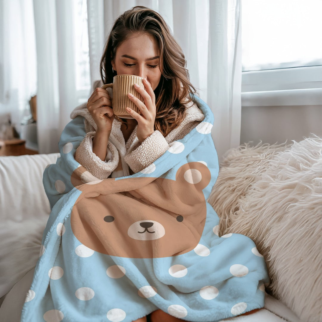 Bear Sherpa Throw Blanket Blue Polka Dot Cute Nursery Decor