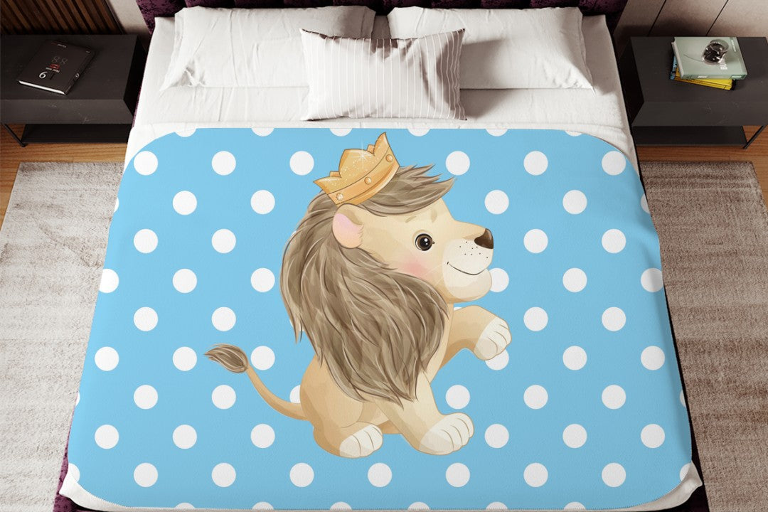 Lion Sherpa Throw Blanket Blue Polka Dot Cute Nursery Design
